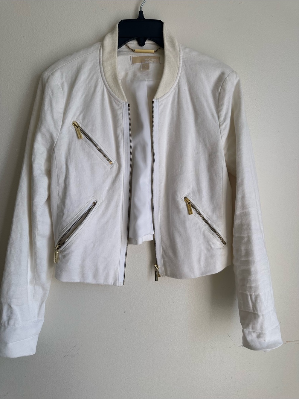 Michael Kors Cream Bomber Jacket with Gold Zippers